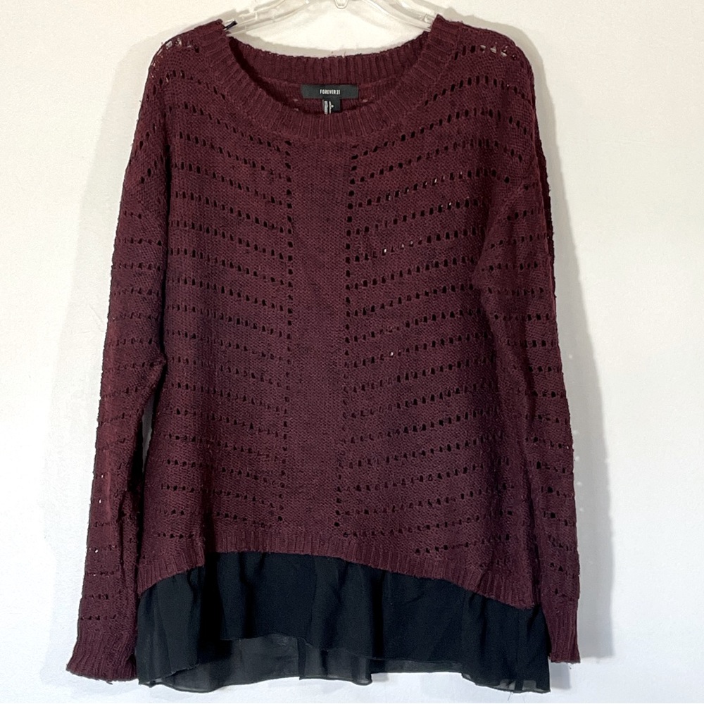 Forever 21 Marled Burgundy Black Open Knit Layered Sweater Tunic Size‎ XL